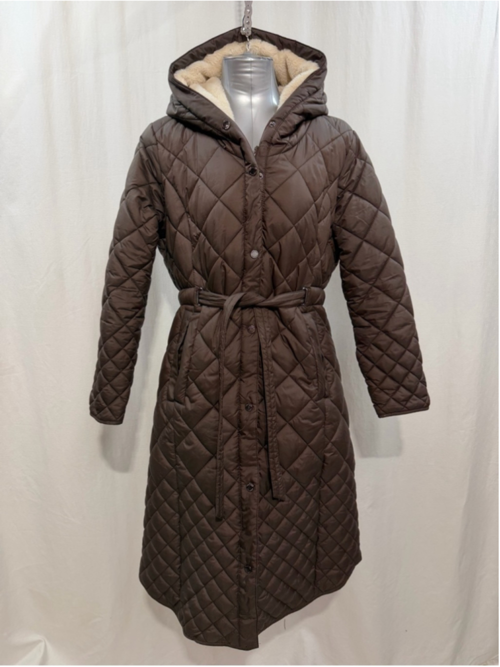 Kenneth Cole Brown Diamond Quilted Long Puffer Coat Belted Sherpa Hood